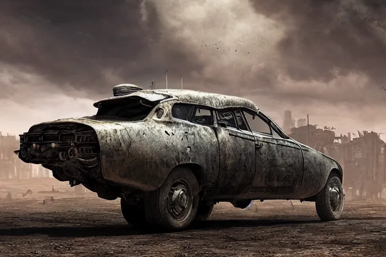 Prompt: ultra realist 3d soft paint of a single gothic four wheel vehicle fully armored, Mad Max and Fallout, symmetry accurate features, very intricate details, ominous sky, volumetric light clouds, post apocalyptic background