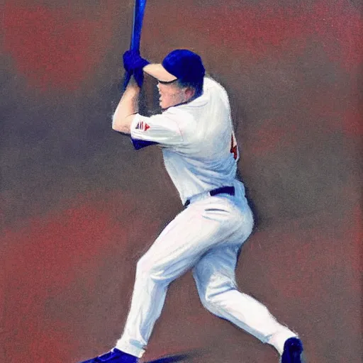 Prompt: baseball player hitting the ball with the baseball bat in the middle of the game and in front of everyone in the stadium, james gurney painting style