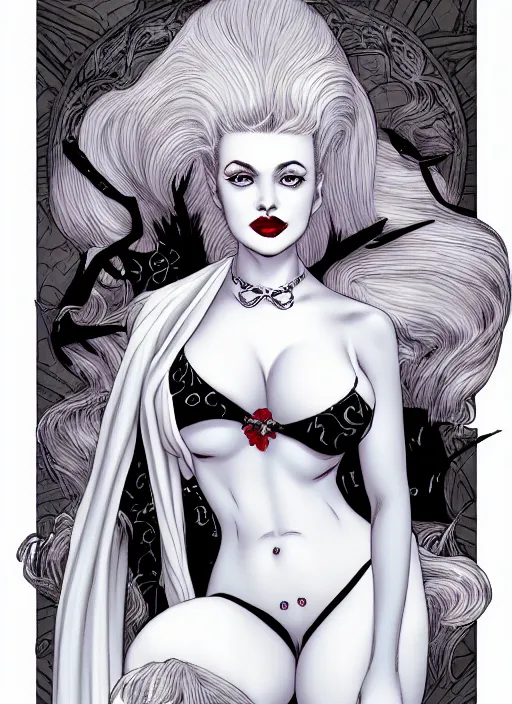 Image similar to lili st. cyr as a vampire queen, science fiction comic illustration by sana takeda and jenny frison, intricate, stunning inking lines, hyper detailed, 4 k, hd, award winning, photorealistic