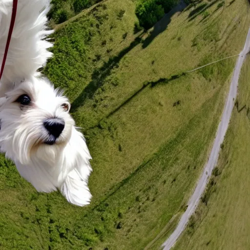 Prompt: a cream-colored havanese bungee jumping, gopro photo, 4k