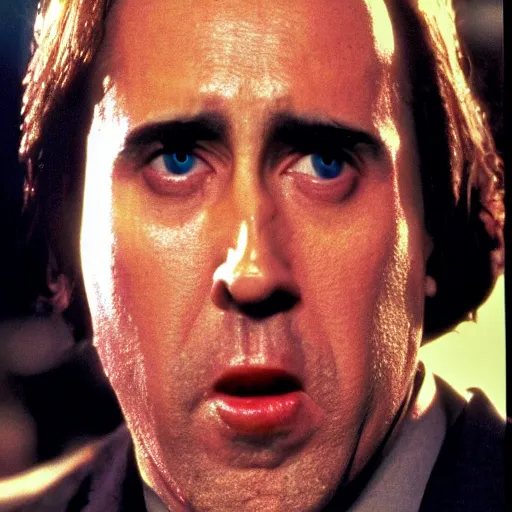 Image similar to frightening, creepy, scary, horrifying nicholas cage in twin peaks, scene from episode directed by david lynch and mark frost, 8 k, 1 9 9 0