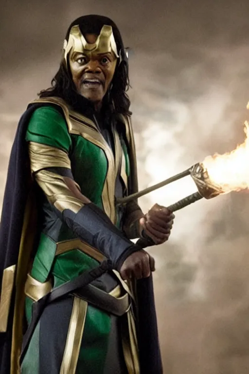 Prompt: film still of Samuel L Jackson as Loki, wearing Loki Helmet, wielding a powerful magical staff, in new Avengers film