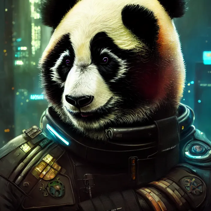 Image similar to cyberpunk panda, naturel, hyper detailed, digital art, trending in artstation, cinematic lighting, studio quality, smooth render, unreal engine 5 rendered, octane rendered, art style by klimt and nixeu and ian sprigger and wlop and krenz cushart.
