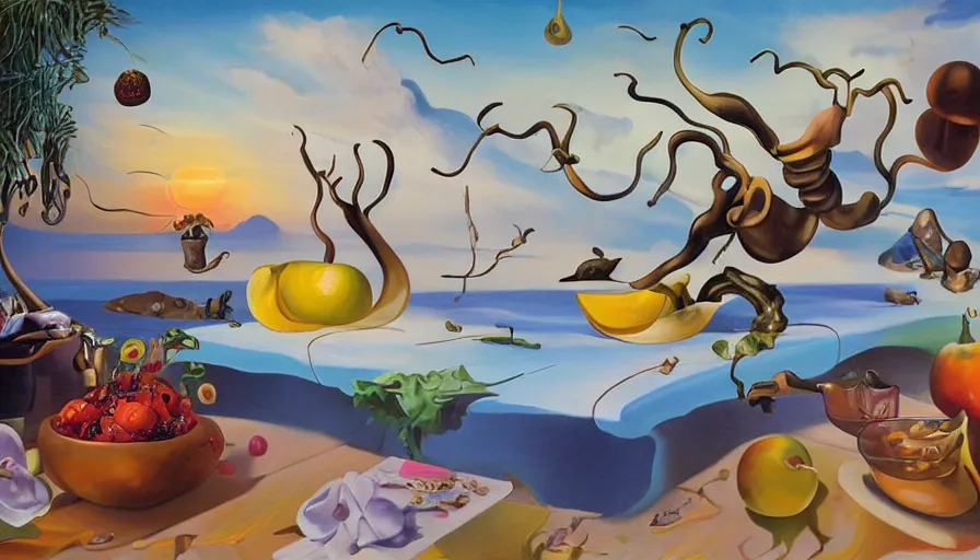 Image similar to RHADS, fever dream, Salvador Dali, fruit party, mural