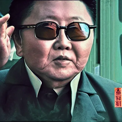 Prompt: filmstill of kim jong - il in the style of ghost in the shell by mamoru oshii