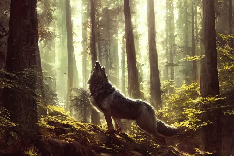 Image similar to wolf in the forest, stylized, sunlit, paint texture, digital painting, highly detailed, artstation, sharp focus, illustration, concept art, ruan jia, charlie bowater, tom bagshaw, norman rockwell