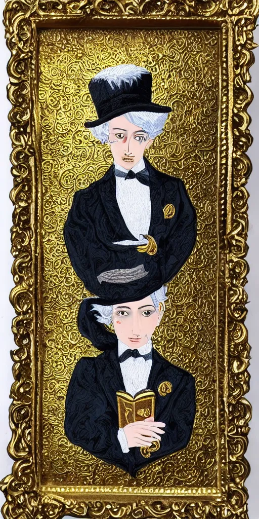 Prompt: beautiful detailed acrylic painting mystical mentalist man, has blond hair and a top hat. Wearing embroidered noble clothes. A small book with gold filigree in hand. Renaissance. Fantasy.