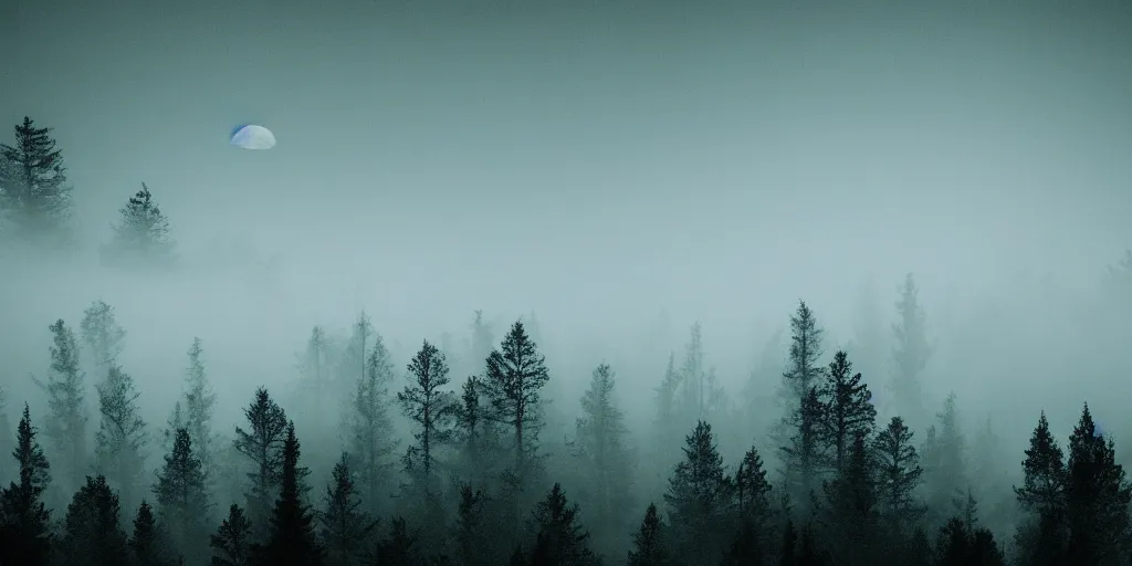 Image similar to moonlit night, forested mountains, cold light, dense forest, overhead view, fog