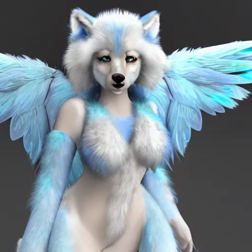 Image similar to 3 d render, well toned, large, female anthropomorphic wolf with wings, blue fur and scales with white spots and wings on her back, icey blue dress, furr covering her chest.