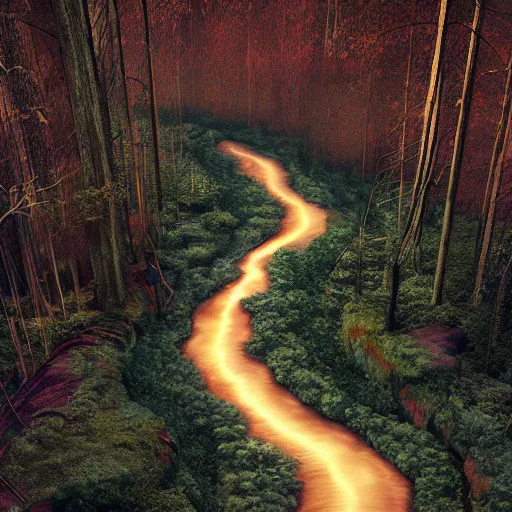 Prompt: air view of a long sinuous river going through a forest, parallel realities, 3 d photorealistic octane render, 8 k, sharp focus, dramatic lighting, ambient lighting, surrealist renaissance painting, by michael kutsche, by artgerm and tim burton