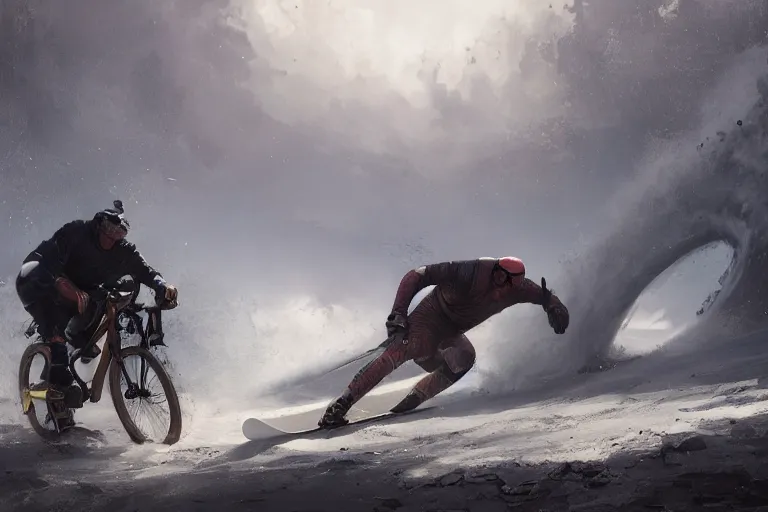 Prompt: a man with round glasses and a helmet on a gravel bike fighting a man with skis and a surfboard, fantasy, digital painting, volumetric light, intricate, sharp, focus, bloom, illustration, highly detailed, concept art, matte, ruan jia, randy vargas, greg rutkowski