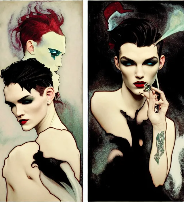 Image similar to stunning portrait of highly details androgynous ruby rose as desire from sandman, rockabilly style, by ego shield, by alphonse mucha, by jeremy mann, by peter lindbergh, dave mckean, by maurice sapiro, by frank moth, white suit and black tie, soft lightning, high detailed, 8 k