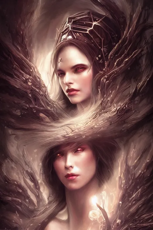 Image similar to seductive looking sorceress prays!!! magic the gathering, windy hair!, surreal dark fantasy, cinematic volumetric lights, portrait, dnd, intricate, elegant, highly detailed, digital painting, artstation, concept art, smooth, sharp focus, illustration, art by artgerm and tom bagshaw and greg rutkowski and alphonse mucha