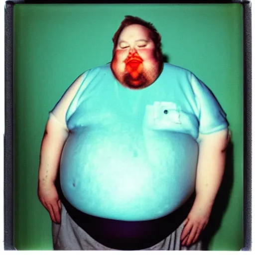 Image similar to color polaroid portrait of a fat man as taken by andy warhol. photography, instant photography, color accurate, photographer, film, integral print, studio