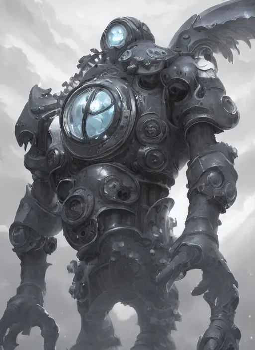 Image similar to a highly detailed illustration of worn down colossal silver mechanical giant, with big glowing iron giant eyes, gentle calm doting pose, intricate, elegant, highly detailed, centered, digital painting, artstation, concept art, smooth, sharp focus, league of legends concept art, WLOP