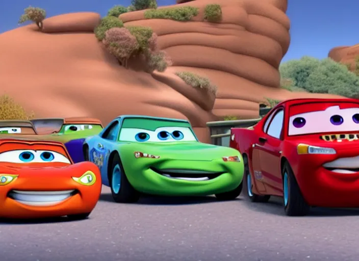 Prompt: a still from disney pixar's cars with a cameo from tommy wiseau