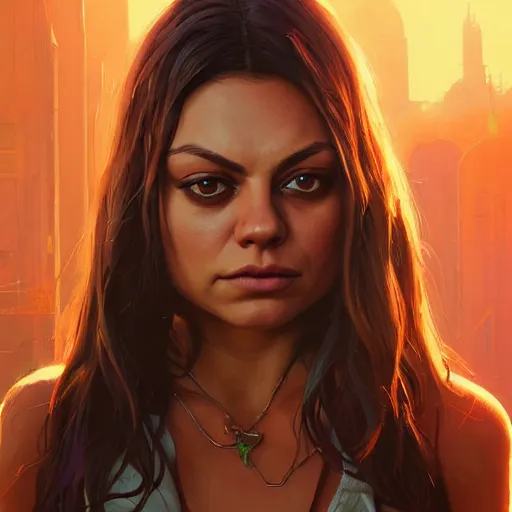 Image similar to highly detailed portrait, mila kunis, in gta v, stephen bliss, unreal engine, fantasy art by greg rutkowski, loish, rhads, ferdinand knab, makoto shinkai and lois van baarle, ilya kuvshinov, rossdraws, tom bagshaw, global illumination, radiant light, detailed and intricate environment