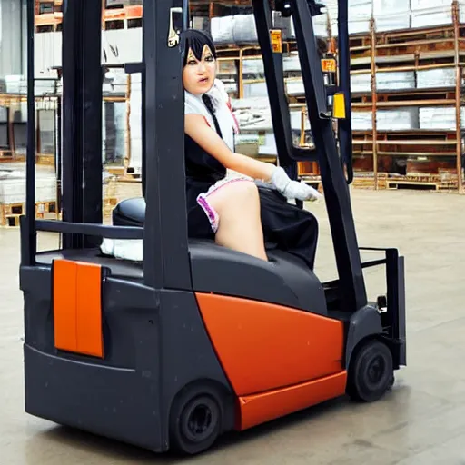 Image similar to a person cosplaying homura akemi operating a forklift