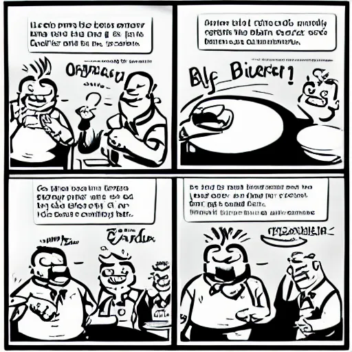 Image similar to A black and white comic strip about a large man making an order at a restaurant