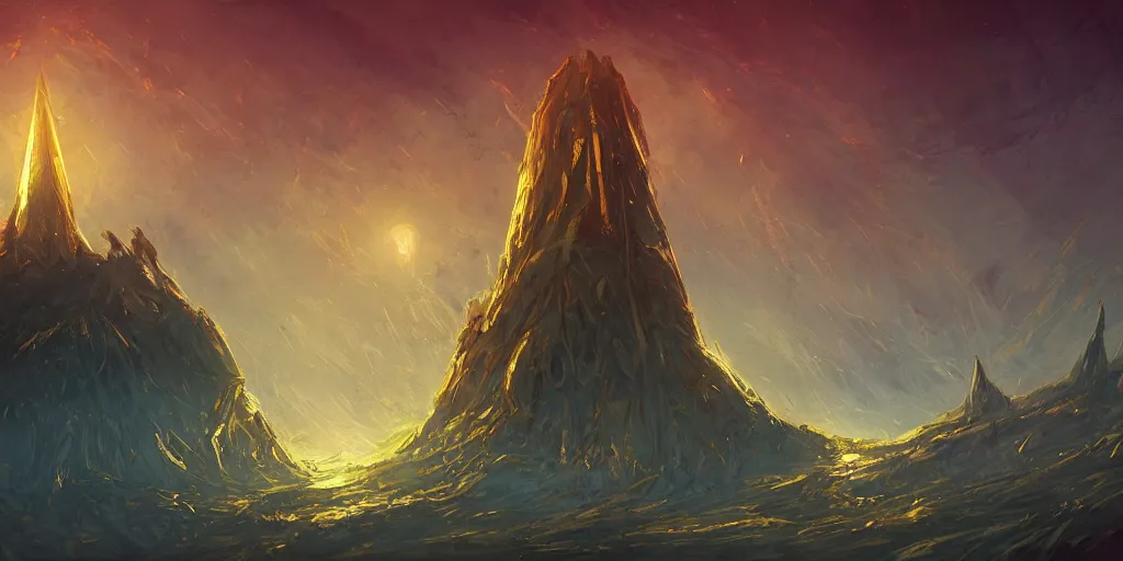 Image similar to giant gold obelisks, ultrawide shot of obsidian landscape, concept art, anato finnstark style,