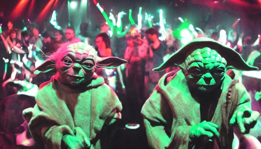 Prompt: Yoda in the nightclub, ibiza, rave