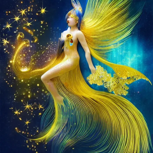 Prompt: portrait of an ethereal humanoid colorful gold blue starry fox peacock betta fish hybrid character accented in bright metallic gold, wearing star filled magic imbued mage robes, art by yuji ikehata, background art by miyazaki, realism, fully clothed