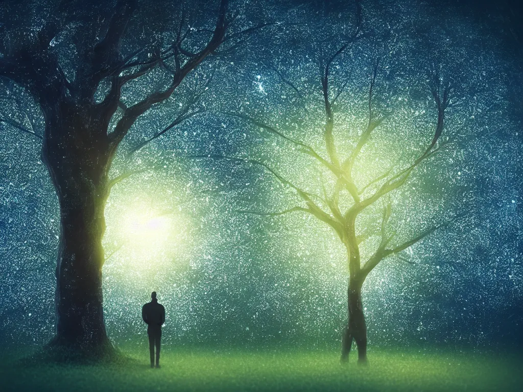 Prompt: aa glistening tree of dreams with shimmering light and internal glow, beautiful deep color, pixie dust around tree, person standing and watching it in silhouette , octane render, unreal engine