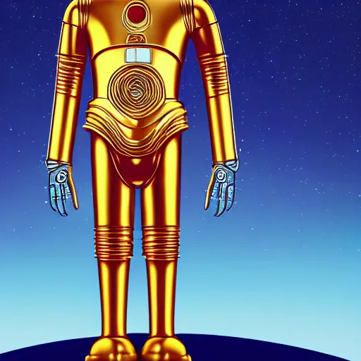 Image similar to full body portrait of Simpson as C3PO in star wars, background blue sky puffy clouds cinematic 4k