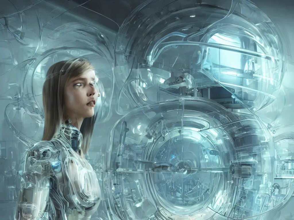 Prompt: detailed sharp focused portrait very beautiful cyborg transparent glossy glass skin surrounded glowing tubes inside an incubator futuristic hospital bio lab, intricate rendered by beeple, by syd meade, by android jones, by yoanne lossel, by artgerm and greg rutkowski, space art concept, sci - fi, digital art, unreal engine, wlop, trending artstation, sharp focus