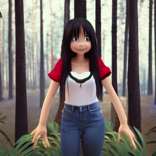 Prompt: 8k render, cinematic, semi-realistic, Instagram art, Pixar style Latina anime girl 3d, cute face black hair, curtain bangs, Latina, brunette, white t-shirt with red sleeves, wearing jeans, has fire powers, her hair is on fire, her hands are on fire powerful, she is in a forest, tropical forest, lots of foliage, character, trending on Deviantart