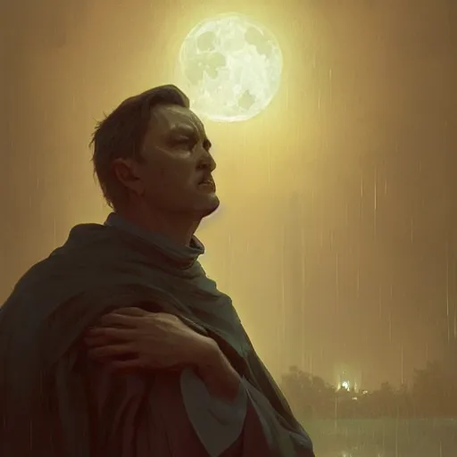 Image similar to a terrified catholic priest, full moon in the background, rainy atmosphere, natural volumetric light, intricate, highly detailed, digital painting, artstation, concept art, sharp focus, illustration, SFW, art by greg rutkowski and alphonse mucha