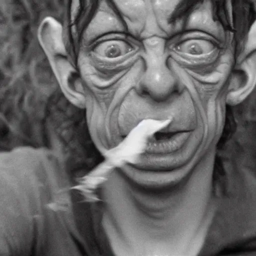 Prompt: Gollum smokes cigarette selfie