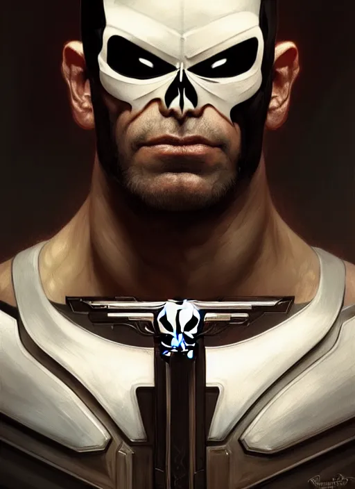 Image similar to Symmetry!! portrait of The Punisher, D&D, muscular, fantasy, intricate, elegant, highly detailed, digital painting, artstation, concept art, smooth, sharp focus, illustration, art by artgerm and greg rutkowski and alphonse mucha