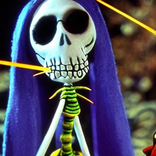 Prompt: skeletor in tim burton ’ s nightmare before christmas, stop motion animation