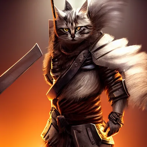 Image similar to character concept portrait, a warrior cat holding a metal weapon in a combat stance, bright glowing, 3 d rendered, 3 d rendering, dramatic lighting, unreal enginedigital painting, concept art, smooth, sharp focus, illustration, 8 k resolution, trending on art station, cinema 4 d, behance hd