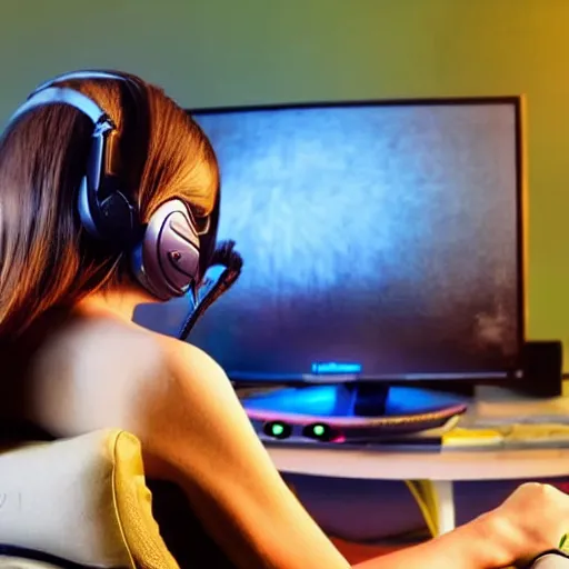 Image similar to Kitten playing video games in an bedroom, looking at a colorful computer monitor, wearing black headphones