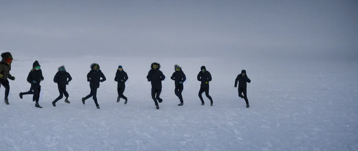 Image similar to a creepy backlit hyper detailed photo realistic vivid close up photograph of a group of six complete people in the snow at night in antarctica running through mcmurdo station base screaming oh my god