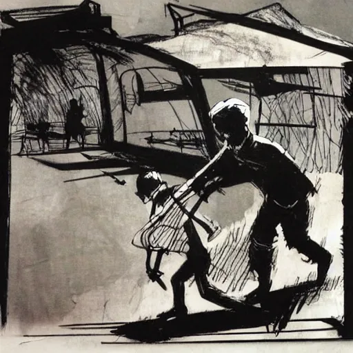 Image similar to award winning william kentridge drawing of a south african boy dashing home across a childrens story illustration urban township landscape, to save his little brother, who is accidentally playing with parafin