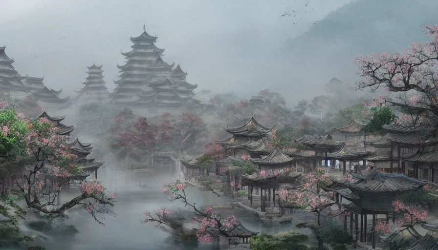 Image similar to magnificent city in ancient china in late spring, flowers will fade, some fog, realistic style, high details, scene concept., trending on artstation