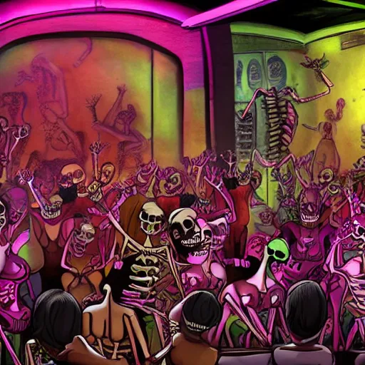 Image similar to photo, a giant crowd of realistic anatomically correct claymation skeletons dancing sensually with a giant crowd of beautiful multiethnic women wearing rococo gowns inside a colorful futuristic night club, colorful dramatic unique lighting