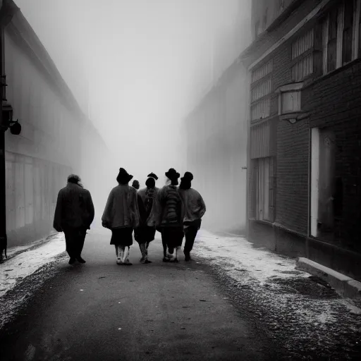 Image similar to a group of clowns walking down a long dark foggy alley the are carrying sticks. fog, tall decrepit buildings. black and white photography