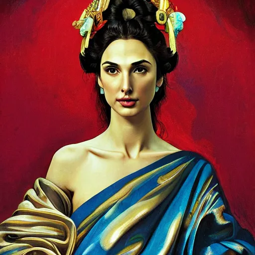 Prompt: Head and shoulders masterpiece portrait oil painting of the beautiful goddess Gal Gadot as Geisha, she is wearing roman clothes and a surreal jewelry, her hair is natural disheveled, she is approaching heaven over the clouds, naturalism, dramatic lighting, high-detailed oil painting by Ilya Repin, Michelangelo da Caravaggio, William Blake, Alex Grey and Beksinski, trending on Artsation, hystorical painting, naturalism, masterpiece, 4k, 8k,