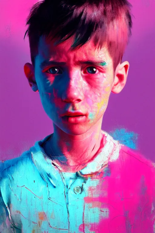 Prompt: portrait of a young boy nor living not death in a postapoliptic forgotten world, in the colors hot pink and cyan, beautiful face, rule of thirds, complex outfit, spotlight, octane render, dramtic lit, by greg rutkowski, by jeremy mann, by francoise nielly, by van gogh, digital painting