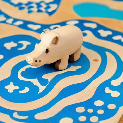 Prompt: product photo of a toy wooden hippo, segmented, blue paint on top