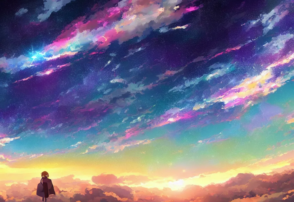 Prompt: breathtaking digital painting of the sky of kimi no na wa, by celestialfang, ghibli, pastel colors and shootign stars in northern light love,