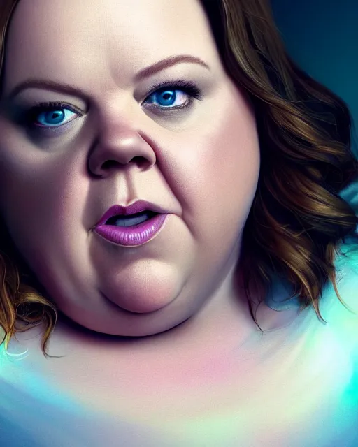 Image similar to Full potrait of Melissa McCarthy as an angel, hyper realistic, prismatic highlights, atmosphere, gorgeous, depth of field, cinematic, macro, concept art, 50mm, artstation, wlop, elegant, epic, weta digital, focus, octane render, v-ray, 8k, kodak portra, art by Liberatore