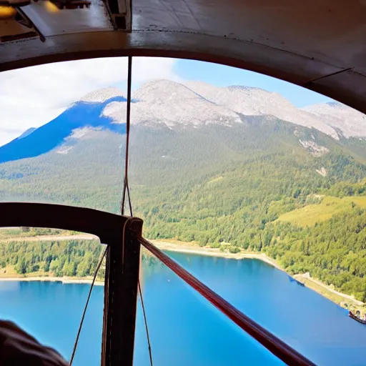 Prompt: the bridge of a military zeppelin's gondola, with a view to a mountain valley outside