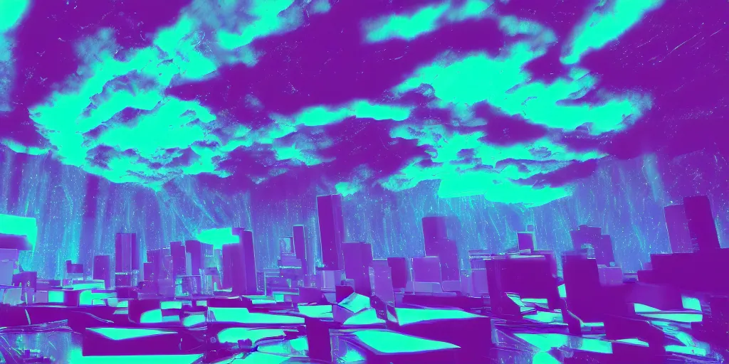 Prompt: vaporwave light show while female rappers performs on stage, storm clouds, volumetric lighting, digital art, vapor wave, hip hop, surreal, trending on Artstation, professional artist, detailed, 4k