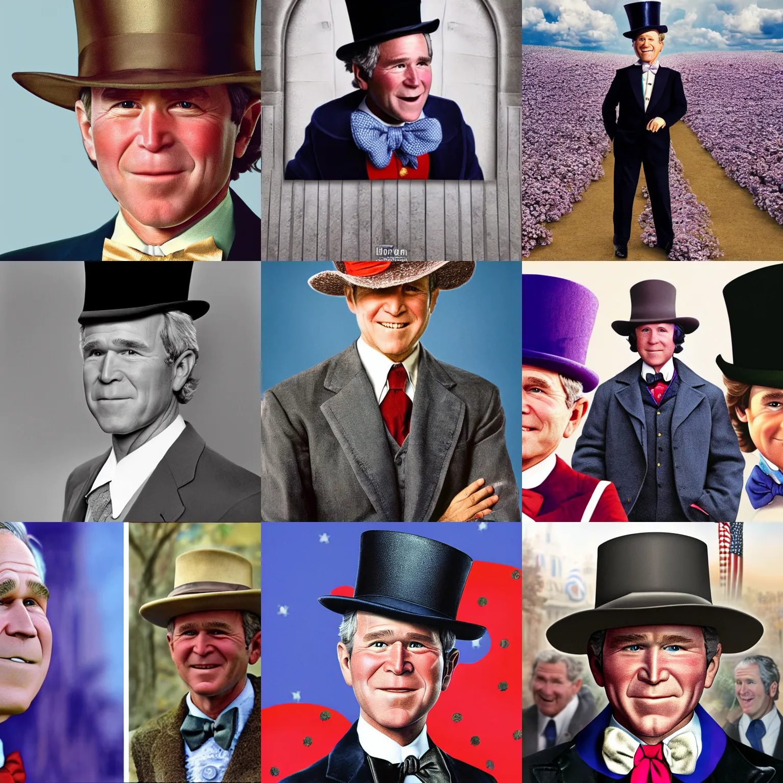 Prompt: george w. bush as willy wonka, highly detailed, tall hat, HD photography, portrait photography, movie still