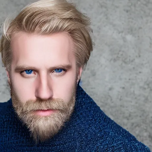 Image similar to photograph of a blond male, middle aged balding superhero, with dark blue eyes, very pale skin and a blond full beard